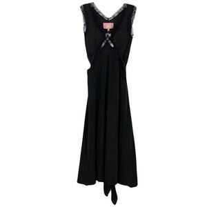 New RICH FASHION Dress UK 6/US 2 Black Satin Lace Belt Padded Bust Pocket Cutout